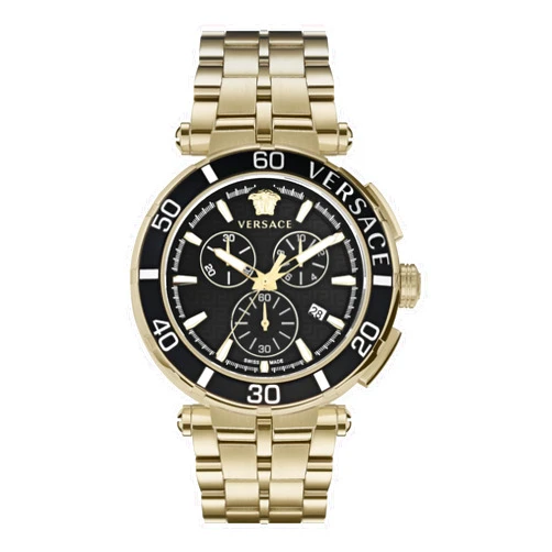 Versace Greca Chrono Collection Luxury Mens Watch Timepiece with a Gold Bracelet featuring a Gold Case and Black Dial