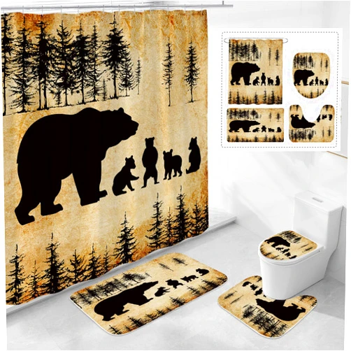 Litabel 4 Pcs Vintage Bear Shower Curtain Sets with Rugs for Bathroom Decor, Tree Forest Bathroom Sets with Shower Curtain and Rugs, Country Bathroom Curtain Set with Mats (Hooks Not Included)
