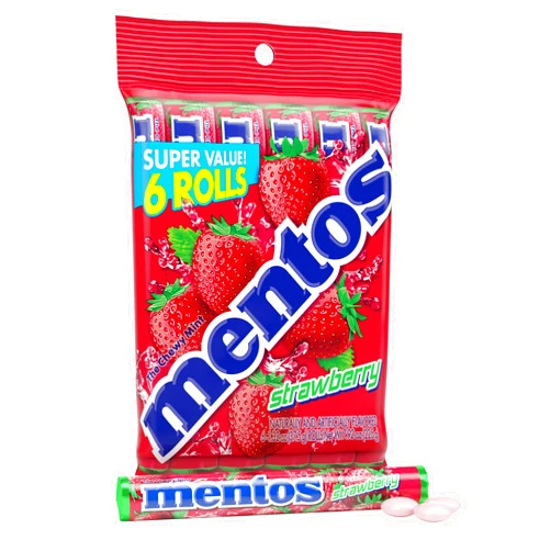Mentos Strawberry Chewy Mint Candy Roll, Holiday Candy for Christmas Stocking Stuffers for Adults & Kids Discovery, 14 Pieces Per Roll, 6 Count Party Pack