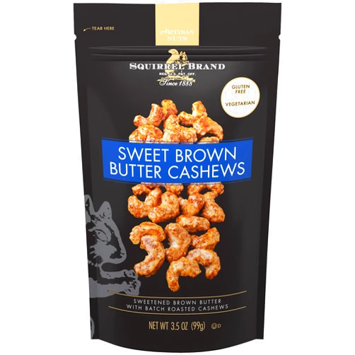 Squirrel Brand Sweet Brown Butter Cashews, 3.5 Ounces Resealable Bag, Gluten Free, Vegetarian