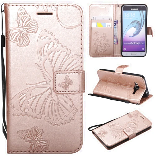 XQWY Galaxy J3 2015 Case Shockproof PU Leather Butterfly Embossed Wallet Flip Case Magnetic Stand with Card Slot Folio Cover for Samsung Galaxy J3 2015 Case (Rose Gold)
