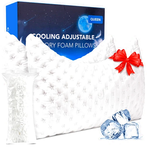 KUCEY Cooling Side Sleeper Pillow for Neck and Shoulder Pain, Luxury Shredded Memory Foam Curved Bed Pillows for Sleeping Set of 2- Adjustable Queen Size- Washable Cover Crescent White
