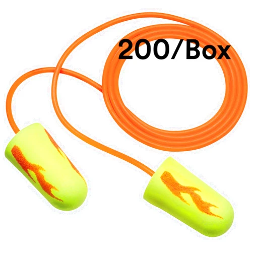 3M Ear Plugs, Pack of 200, E-A-Rsoft Yellow Neon Blasts 311-1252, Corded, Disposable, Foam, NRR 33, Drilling, Grinding, Machining, Sawing, Sanding, Welding, 1/Poly Bag