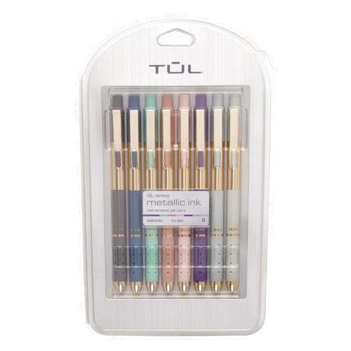 TUL® GL Series Retractable Gel Pens, Medium Point, 0.8 mm, Assorted Barrel Colors With Gold Block, Assorted Metallic Inks, Pack Of 8 Pens