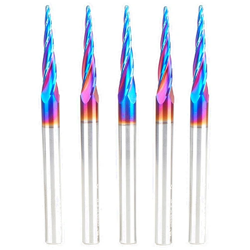 Amana Tool 46282-K-5 5-Pc CNC Solid Carbide Spektra Extreme Tool Life Coated Tapered Spiral 2D/3D Carving 1/16 Dia x 1/4 Inch SHK Router Bit Pack