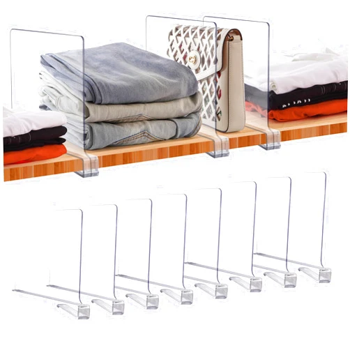 JOY DECOR 8 Pack Acrylic Clear Shelf Dividers for Closets Organizer and Storage Adjustable Vertical Wood Shelf Closet Separators for Clothes,Book,Bags in Bedroom and Kitchen