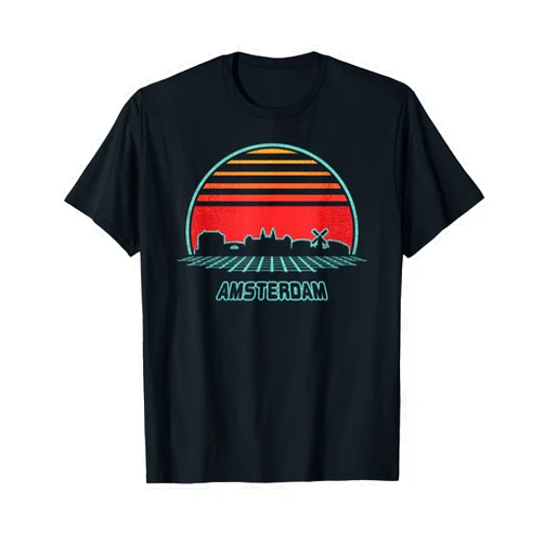 Netherlands Retro Sunset 80s Style Gift Amsterdam City Skyline Retro 80s Style Souvenir Gift T-Shirt