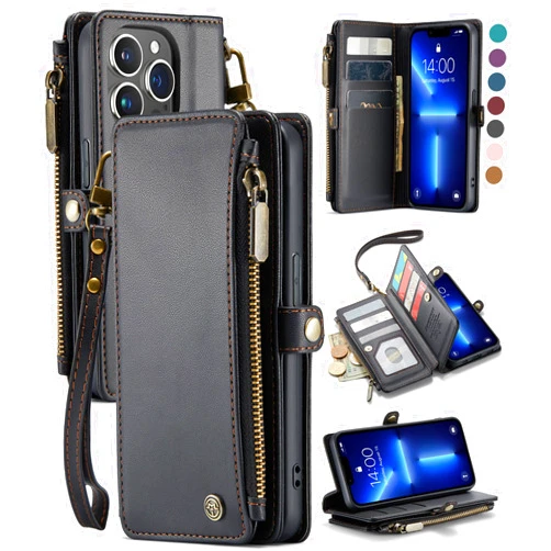 Defencase iPhone 13 Pro Max Case, Elegant Black, RFID Blocking Wallet for Women Men with Card Holder, Zipper, Magnetic Flip, PU Leather, Compatible with Wireless Charging & Kickstand