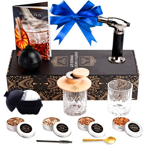 Ritual Life Whiskey Smoker Kit - Bourbon Smoker Kit with Torch, 2 Whiskey Glasses, 2 Ice Ball Maker, 4 Flavors Wood Chips - Old Fashioned Smoker Kit - Cocktail Smoker Kit - Bourbon Gifts for Men Whiskey Lovers