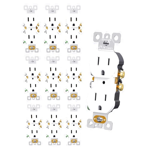 AIDA Duplex Receptacle Wall Outlet, Residential, 3-Wire, Self-Grounding, 15Amp 125V, UL Listed, Push & Side Wire, White (10 Pack)