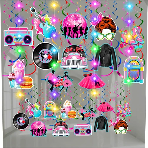 Skyygemm 56 Pcs 50s 60s 80s Hanging Decorations with Lights Hippie Tie Dye Peace Love Groovy Retro Rock and Roll Cutouts Ceiling Streamers for Birthday Neon Back to 1950s 60s 80s Party Supplies(50s)