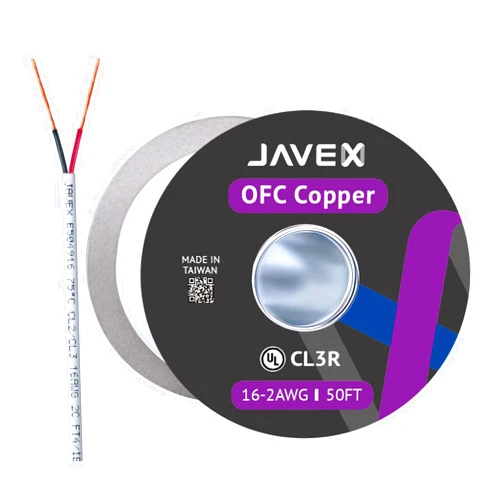JAVEX 16/2 Speaker Wire (50 FT), [UL Listed CL2R/CL3R Riser] 16 Gauge Oxygen-Free Copper Cable in-Wall/Outdoor for Alarm Systems, Home Theater, Car Audio System, White
