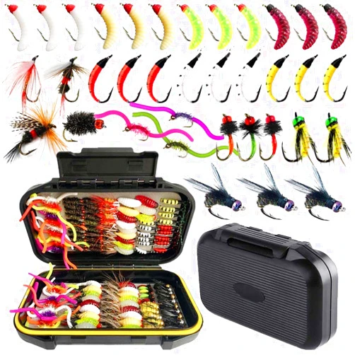 Qievcrme Fly Fishing Flies Kit Trout Steelhead Salmon Bass Flies Assortment 32Pcs-148pcs Include Dry Wet Flies Nymphs Streamers Maggot, Fly Lure Set