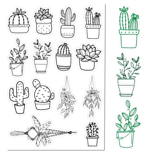 CRASPIRE Potted Plant Cactus Clear Rubber Stamp Cute Flowers Transparent Silicone Seals Stamp for Journaling Card Making DIY Scrapbooking Handmade Photo Notebook 6.3 x 4.3inch