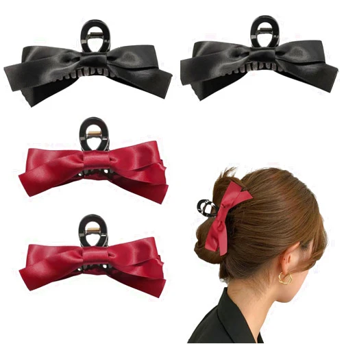 Doromy 4Pcs Big Bow Hair Claw Clips for Women Auzky Hair Bow Claw Clip Black Red Nonslip Big Bows Hair Claws Barrette Bowknot Hair Jaw Clips for Thick Thin Hair