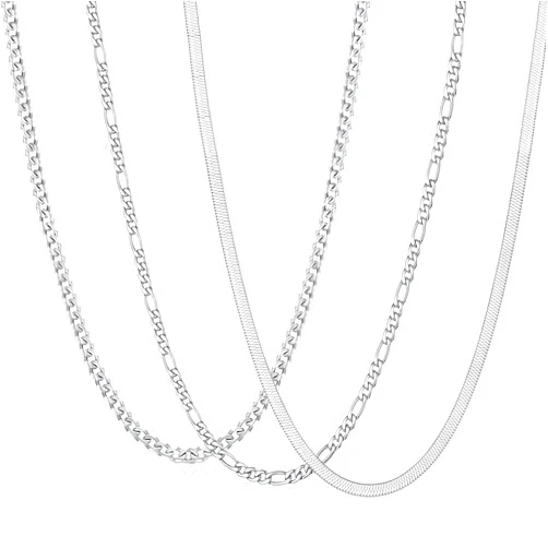 Zocomi 3 PCS Chain Necklace for Men Women, Stainless Steel Cuban Link/Figaro/Herringbone Chains Set Jewelry Gifts, 16/18/20/22/24 Inches
