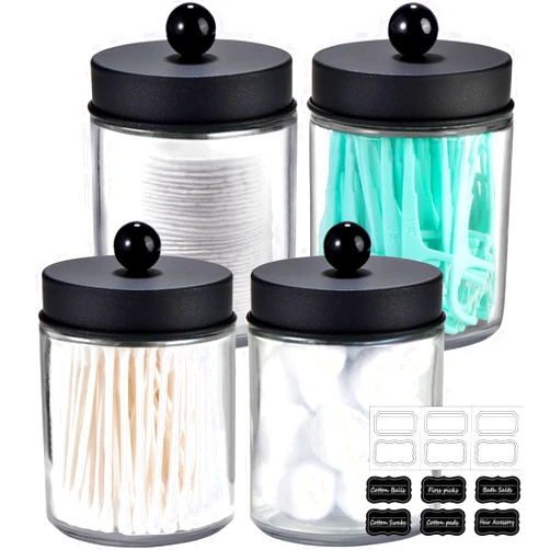 Amolliar 4 Pack Apothecary Jars Bathroom Vanity Storage Organizer Set -Countertop Canister with Stainless Steel Lids &Cute Stickers - Qtip Dispenser Holder for Qtips,Cotton Swabs,Makeup Sponges(Black)