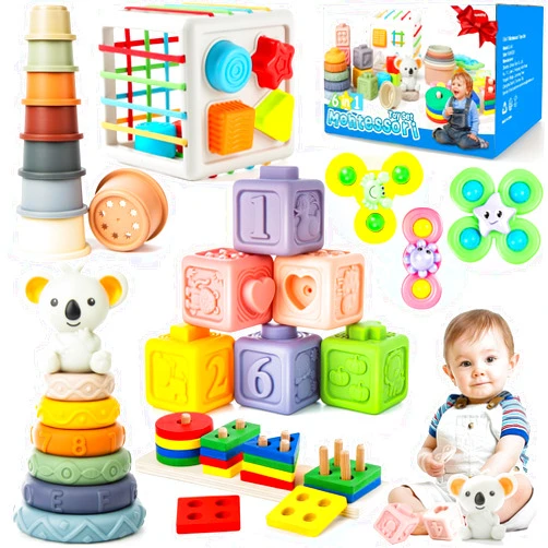 Somastung 6-in-1 Baby Toys 6 to 12 Months, Montessori Toys for Babies 6-12-18 Months, Infant Teething Toys Stacking Blocks Rings Sensory Bin, Sorting Sensory Educational Learning Toys for Toddlers 1-3