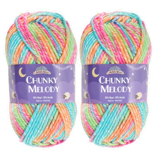 BambooMN JubileeYarn Chunky Melody Yarn - Bulky Wool Blend - 100g/Skein - Rainbow Sherbet - 2 Skeins