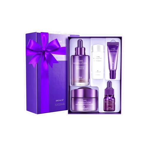 MISSHA Time Revolution Night Repair 5X Gift Set Night Repair Ampoule and Cream 5X, The First Essence 5X for Youthful, Glass Skin, Korean Skin Care