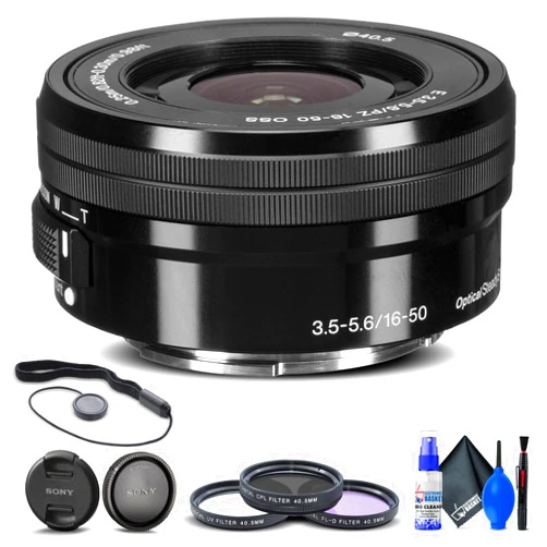 Sony E PZ 16-50mm f/3.5-5.6 OSS Lens (SELP1650) + Filter Kit + Lens Cap Keeper + Cleaning Kit + More (Renewed)