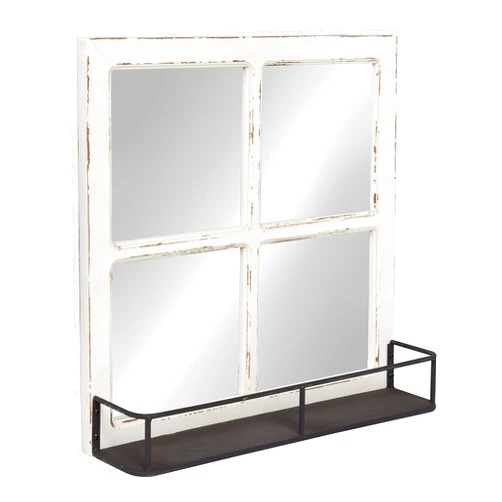 Kate and Laurel Jackson Distressed Wood Windowpane Mirror with Metal Shelf, White