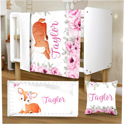 YISMEET Personalized Crib Orange Deer Set, Baby Crib Bedding Set with Name, Double Layer Blanket, Crib Sheet, Pillowcase, 3 Pcs Deer Baby Crib Set for Girls