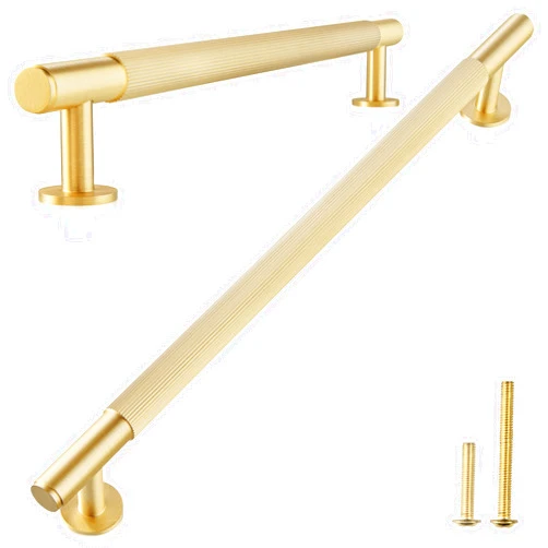 QOGRISUN 2-Pack Solid Brass Cabinet Pulls,Grooved Gold Bar Handles, 10-Inch Hole Center for Kitchen Drawer Dresser Cupboard, 11.6-Inch Total Length, Brushed Brass Finish – Eleganza