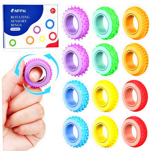 NPPN Sensory Toys Fidget Rings for Kids - 12 Pcs Finger Spinner Rings for Anxiety Relief Autism ADHD, Quiet Fidgets for Classroom Prizes Party Favors Bulk Pinata Stuffers