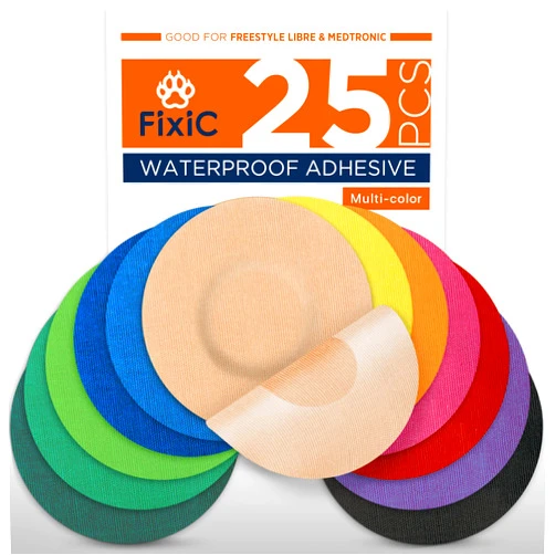 Fixic Freestyle Adhesive Patch 25 PCS – Good for Libre 1, 2, 3 – Enlite – Guardian – NO Glue in The Center of The Patch – Pre-Cut Back Paper – Long Fixation for Your Sensor! (Multi-Color)