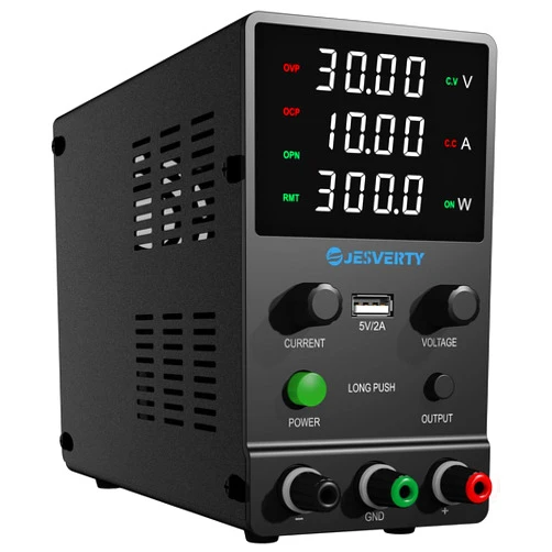 Jesverty DC Power Supply Variable, 0-30V 0-10A Adjustable Switching DC Regulated Bench Power Supply with Encoder Knob, Output On/Off Switch, 4-Digit LED Display, 5V/2A USB Charging Port - SPS-3010H