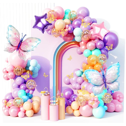 Ouddy Party 163Pcs Butterfly Pink and Purple Balloons Garland Arch Kit, Birthday Baby Shower Decorations Pink Purple Blue Confetti Star Balloons for Girls Women Bridal Wedding Butterfly Party Baby Shower Supplies