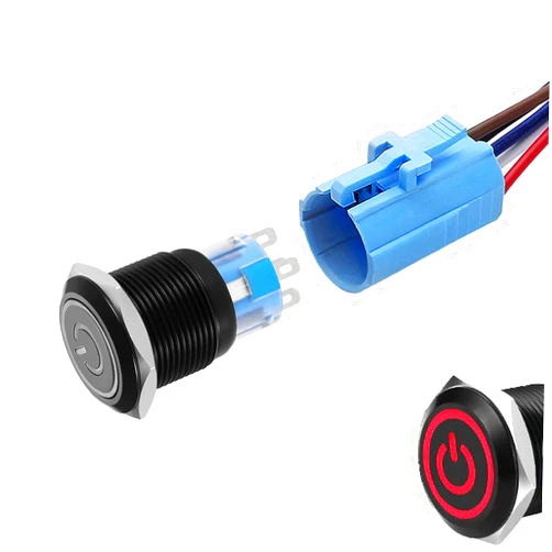 WerFamily 19mm Latching Push Button Switch 12V Ring Red LED 1NO 1NC SPDT ON/OFF Waterproof Black Shell Metal Round with Wire Socket Plug