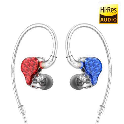 FiiO FA7 Best Over The Ear Headphones/Earphones Detachable Cable Design HiFi Quad Balanced Armature Driver in-Ear Monitors for iOS and Android Computer PC Tablet(Blue(L) and Red(R)-Clear Abstract