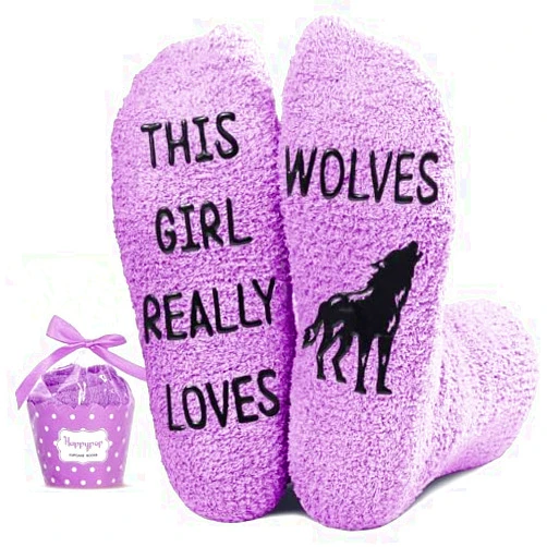 HAPPYPOP Funny Wolf Gifts for Women Girls Gifts for Her Mom, Novelty Wolf Socks Fun Crazy Silly Purple Fuzzy Socks, Christmas Stocking Stuffers