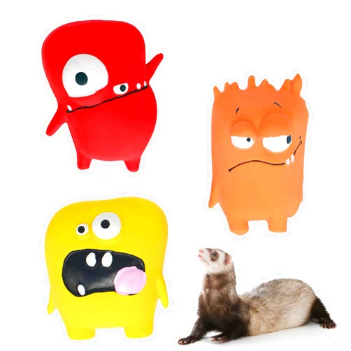 KITTAIL Squeaky Ferret Toys - 3 Pack Monster Teething Chew Toy with Squeaker. Made of Natural Rubber. Ideal for Small Dogs, Rats, Puppy. Perfect Pet Cage Accessory.