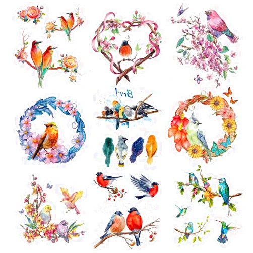 Oottati 9 Sheets Arm Temporary Tattoos - Colorful Red Blue Pink Bird Tree Wreath Branch For Men and Women