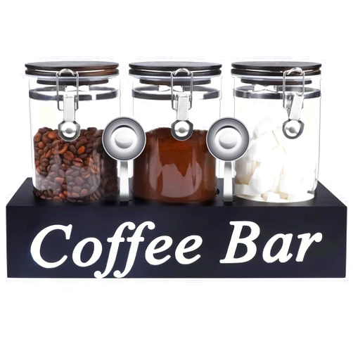 WYTAOHZL 3PCS Glass Coffee Containers with Shelf 54oz Coffee Station Organizer Glass Coffee Bean Storage with Spoon Coffee Canister Set Jars with Airtight Locking Clamp for Coffee Bean Ground Nuts