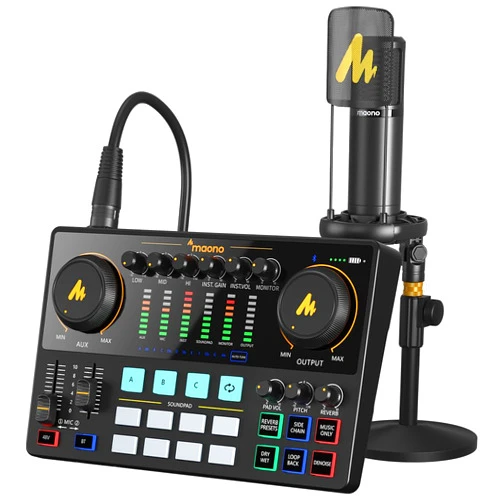 MAONO Podcast Equipment Bundle with Audio Interface and XLR Condenser Microphone, MaonoCaster with 48V Phantom Power, Bluetooth for Podcast, Streaming, Voice Over, Youtube, PC, Guitar (AME2A)