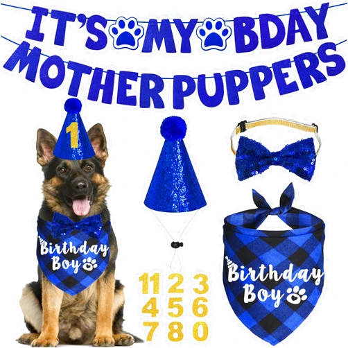 JOTFA Dog Birthday Party Supplies, Multi Sizes Dog Birthday Bandana Boy Dog Birthday Hat Bow Tie Numbers It’s My Bday Mother Puppers Sign Banner for Large Extra Large Dogs Pets (X-Large, Blue)