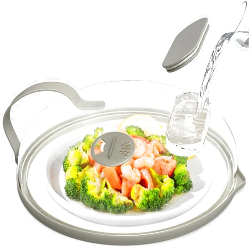 NUTIKAS Microwave Splatter Cover with Water Steamer for Food - 10 Inch Steam Microwave Splatter Guard with Handle Plate Covers for Heating Food Splash Oven Lid with Built in Steamer