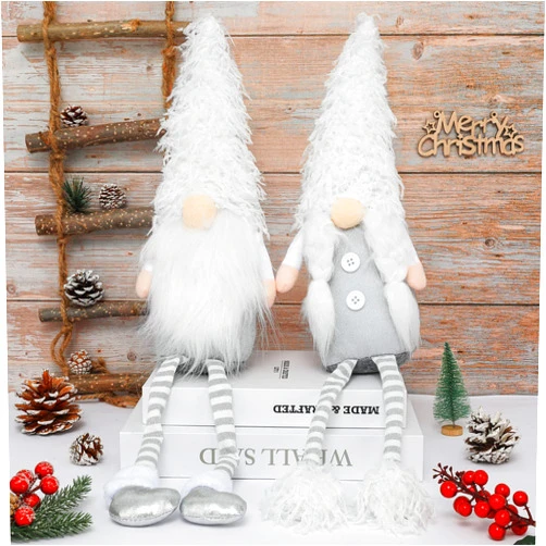 AnyDesign 2Pcs Christmas Santa Gnome Set White Gray Plush Swedish Tomte with Long Leg Handmade Scandinavian Doll Xmas Elf Sitting Ornament for Home Party Fireplace Table Decoration Supplies