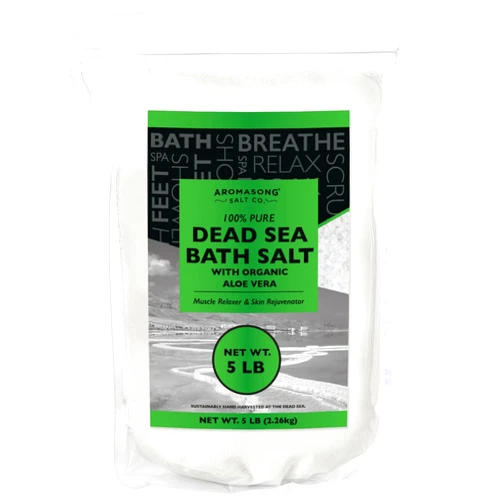 Aromasong Dead Sea Salt with Organic Aloe Vera, Spa Bath Salts, 5 Lbs Fine Grain Large Bulk resealable Pack, 100% Pure & Natural, Used for Body wash Scrub, Soak for Women & Men for Tired Muscles & Skin Issues