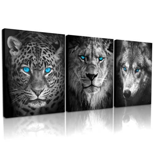QTESPEII Black and White Animals Pictures Wall Art Decor for Bathroom Leopard Lion Wolf Head with Blue Eyes Paintings Canvas Prints Wildlife Artwork Framed Modern Home Office Decor 12