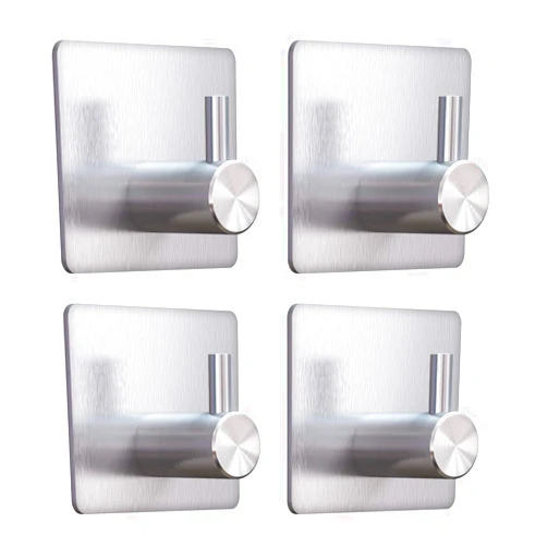 VIS'V Adhesive Hooks, Silver Adhesive Towel Hooks Waterproof Self Adhesive Shower Wall Hooks Stainless Steel Stick on Hooks Heavy Duty Sticky Hooks for Bathroom Kitchen Livingroom Camper - 4 Pcs