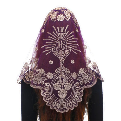 Bozidol Church Triangular Head covering - Cross Chalice Embroidered Vintage Church Veil for Women