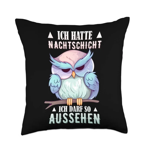 Nachtschicht Sprüche für Schichtarbeiter Geschenk Layer Shift Service Night Coffee Owl Women Throw Pillow, 18x18, Multicolor