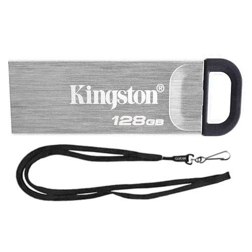 Kingston 128GB DataTraveler Kyson High Performance up to 200MB/s USB 3.2 Metal Flash Drive DTKN/128GB Bundle with (1) GoRAM Black Lanyard (128GB, 1 Pack)