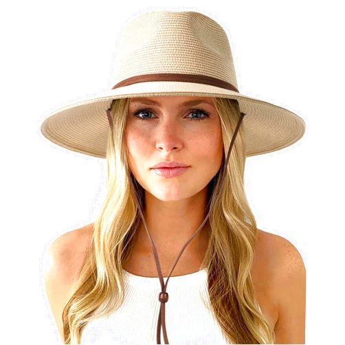 FURTALK Womens Summer Straw Sun Hats Wide Brim Panama Fedora Beach Hat with Wind Lanyard UPF 80+