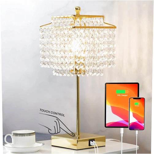Luvkczc Crystal Touch Table Lamp, Bedside Lamp with with USB C+A Ports, Gold Bedroom Lamp, 3 Way Dimmable Lamp with Crystal Shade, Nightstand Lamp for Bedroom, Living Room, Bulb Included